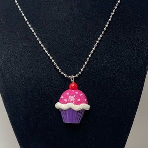 Handmade Hand Painted Cupcake Charm Plastic Polymer Silver Ball & Chain Necklace